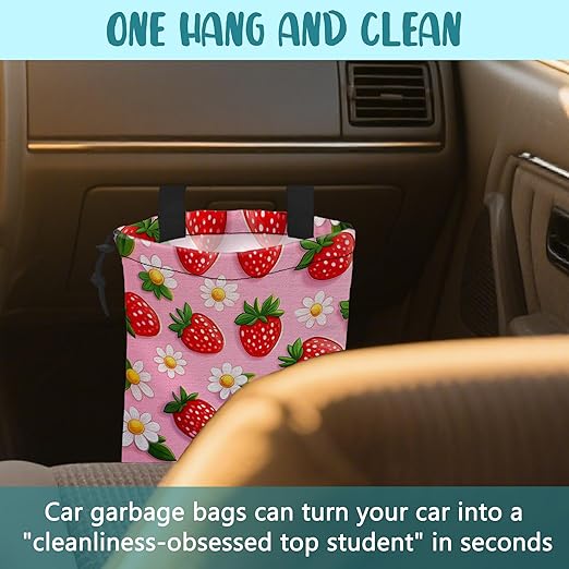 KXWQTRDD Car Garbage Bag Abstract Strawberry and Floral Hanging Canvas Car Trash Bag Drawstring Car Back Seat Organizer for Car Back Front Seat Console with Adjustable Buckle