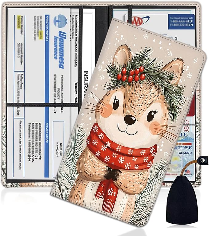 Car Document Holder with Magnetic Shut, Car Registration and Insurance Card Holder, Vehicle Glove Box Organizer Documents, Driver License, Auto Paperwork Organizer Wallet, Christmas Bear Pattern