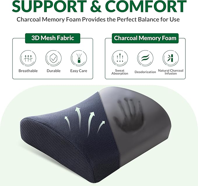 FuturaLoom Lumbar Support Pillow for Office Chair Car Seat,Charcoal Memory Foam Chair Back Cushion for Back Pain Relief with Double Adjustable Straps