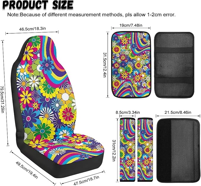 Psesaysky Hippie Flower Auto Accessories Decor Set of 5, Leather Armrest Covers, 2 Piece Seabelt Pads, Breathable Front Seat Protectors Universal Fit for Car Truck SUV