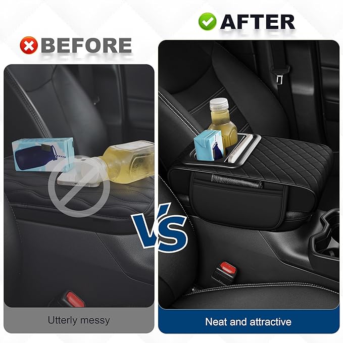 Car Center Console Cover Fit for Volkswagen Jetta Faux Leather Auto Armrest Box Cover with Cup Holder & Phone Holder Waterproof Leather Armrest Protector Cushion(Black)