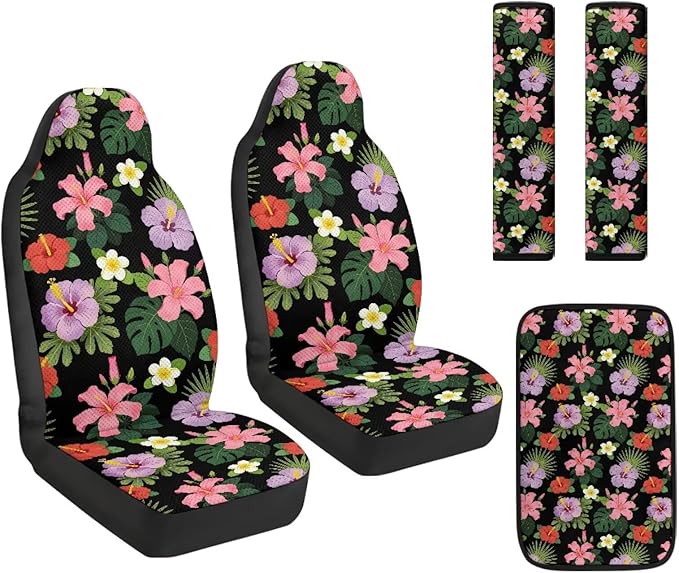 Qeluxign Automotive Seat Covers 5 Piece Universal Car Accessories with Soft 2 Pack Seat Belt Cover Pads and Center Console Armrest Covers for SUV Truck Interior Set,Tropical Hibiscus Floral