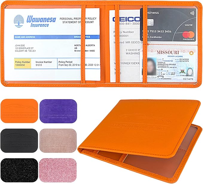 LumiMokki Car Registration and Insurance Holder, Leather Registration and Insurance Card Holder, Vehicle Glove Box Organizer - For Documents, Cards, License (Orange)