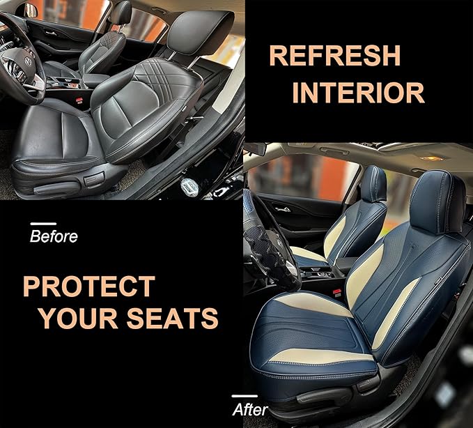 PINCTROT Car Seat Covers Front Set, Breathable Soft Pebbled Leather, Luxury Waterproof Seat Cushion, Airbag Compatible, Seat Protector Universal Fit Most Cars (Front Set, Blue Beige)