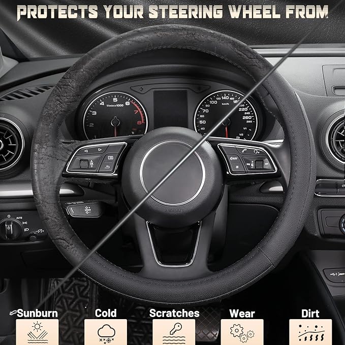 SEG Direct Car Steering Wheel Cover for Prius Civic Model 3 Model Y Camaro, Small Size 14-14.25 inch, Black Microfiber Leather
