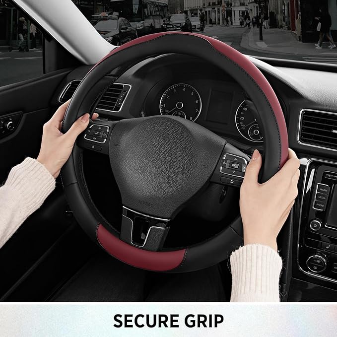 Road Comforts Steering Wheel Cover, Breathable Anti-Slip Leather Steering Wheel Cover, Universal Fit 14.5–15 Inch, Comfortable Grip - Redwine Color