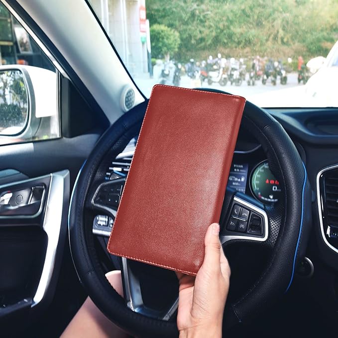 Custom Car Registration and Insurance Card Holder Personalized Leather Glove Box Organize Men Women Wallet Accessories Case for Cards, Essential Document Driver License Red Brown
