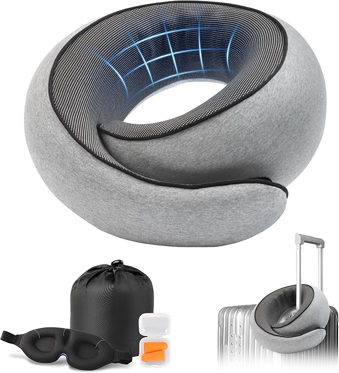 Purroch Advanced Memory Foam Neck Travel Pillow, Neck Pillow Airplane with Eye Mask & Ear Plugs, Designed for The Comfort of Travel & Office, Travel Pillow for Plane, Car, Home, Work， Grey