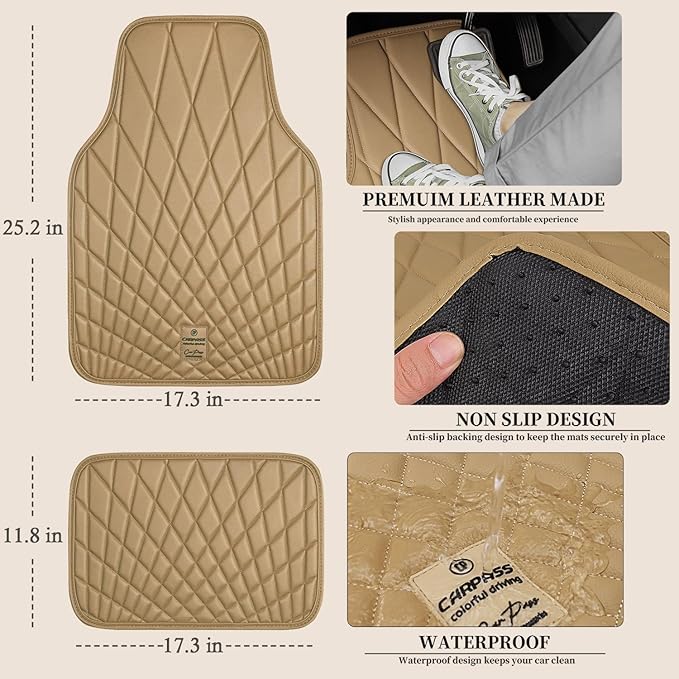 CAR PASS Luxury Faux Leather Floor Mats for Cars, Waterproof All Weather Car Mats Full Set, Anti-Slip Deluxe Automotive Floor Mats Universal Fit for Most SUV,Vans,Sedans,Trucks, 4 Piece Beige