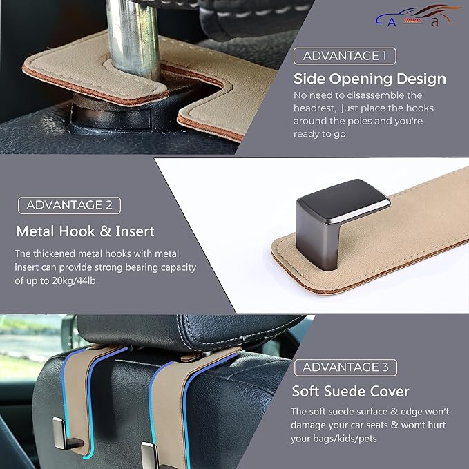 Amooca Car Seat Back Hook Universal Auto Storage Hanger Suede with Metal Car Seat Organizer for Handbag Purse Coat Umbrellas Grocery Bags 2 Pack Beige