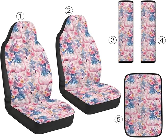 Qeluxign Car Seat Covers Full Set Universal Fit Flamingo Tropical Floral Auto Front Seat Covers and Seatbelt Pads Armrest Cushion Gifts for Women Protect Your Car Interior
