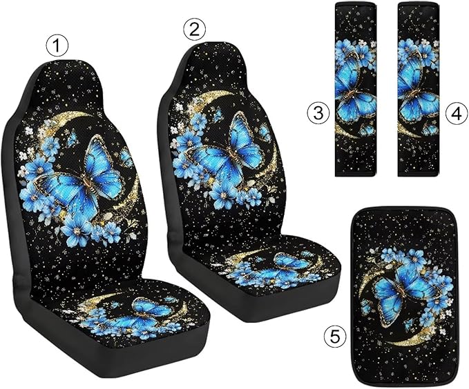 Qeluxign 5 Piece Car Accessories Set with 2 PU Leather Seat Covers, Butterfly Moon Star Floral 2 Belt Pads & 1 Armrest Cover Fit for Most Vehicles Easy Install & Clean