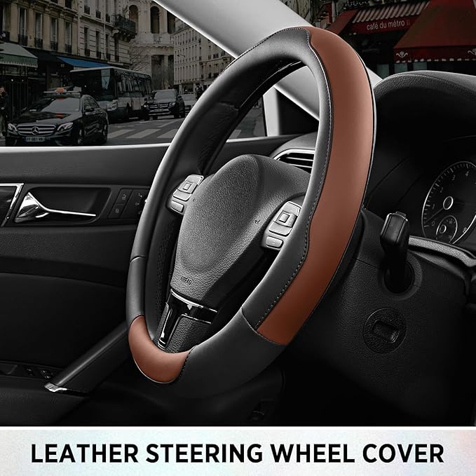 Road Comforts Steering Wheel Cover, Breathable Anti-Slip Leather Steering Wheel Cover, Universal Fit 14.5–15 Inch, Comfortable Grip - Brown Color