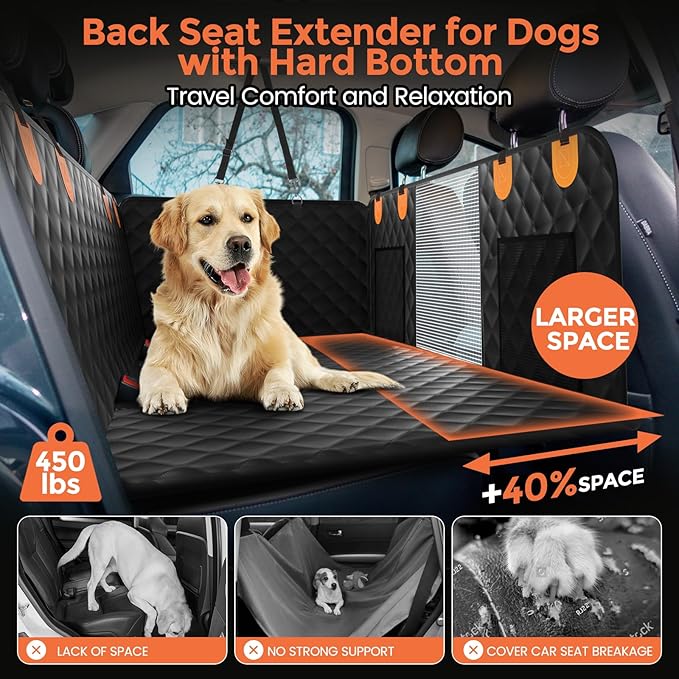 Chioratree Dog Seat Cover for Back Seat - Hard Bottom Car Seat Cover for Dogs Holds 500 lbs,Waterproof Back Seat Extender for Dogs,Scratch-Proof Anti-Slip Dog Hammock for Car SUV Small Truck, Black