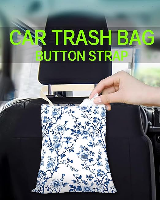 ANKVRP Car Trash Can, Durable Hanging Car Trash Garbage Bag, Cute Automotive Garbage Cans Organizer, Cute Blue Floral