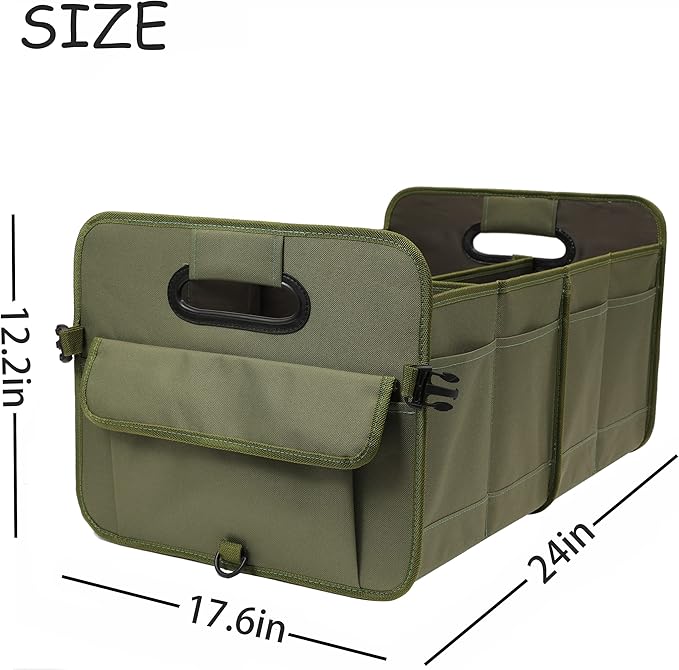 Car Trunk Organizer, Green, Foldable, Non-slip, Adjustable, Multiple Compartments, 600D Oxford Cloth Material