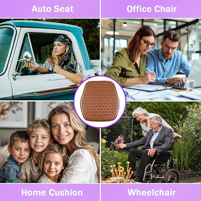 Thin Gel Seat Cushion for Car Seat, Office Chair, Wheelchair, Golf Cart - Non-Slip Car Seat Cushions with 0.7 Inch Gel - Sciatica & Coccyx Pain Relief (Leather, Brown)