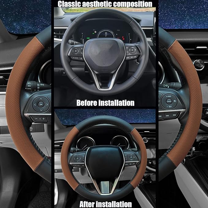 Mihecor Steering Wheel Cover Standard Size 14.5-15 inch, Non-Slip Car Wheel Cover Protector, Breathable Microfiber Leather, Black and Ochre Brown