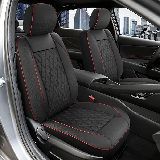 GIANT PANDA 2PCS Front Seat Covers for Hyundai, Piping Leather Durable Waterproof Seat Cover to Fit Sonata Elantra Santa Fe Tucson Accent Kona Palisade Genesis, Airbag Compatible (Black+Red)