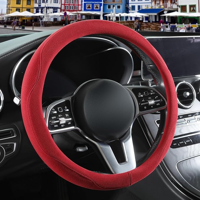 Red Suede Steering Wheel Cover Large for Model X Model S Ford F150 F250 F350, Breathable Non-Slip Sweat-Proof Wear-Resistant, Warm in Winter and Cool in Summer, 15.5 inch to 16 inch