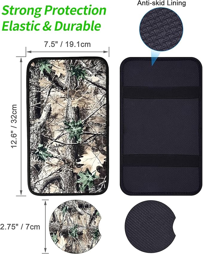 JANENFNA Car Armrest Cover Pads Universal Fashion Cute Auto Center Console Armrest Cover Pad with 2PCS Car Coasters Soft Waterproof Car Armrest Seat Protector for Women,Camouflage Leaves