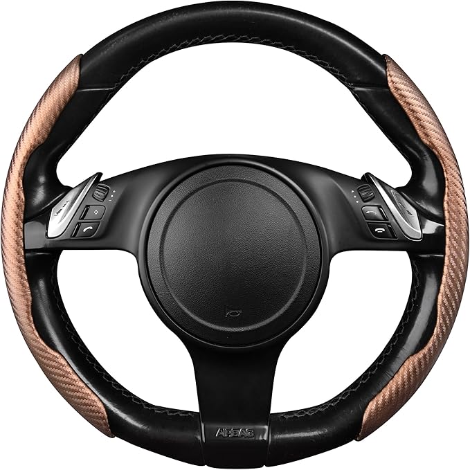 CAR PASS Carbon Fiber Steering Wheel Cover, Segmented Wheel Protector Non-Slip Sporty Car Accessories, Universal Fit for D-Shape O-Shape 14.5" to 16" Steering Wheels for Men Women, 2pcs Brown Carbon