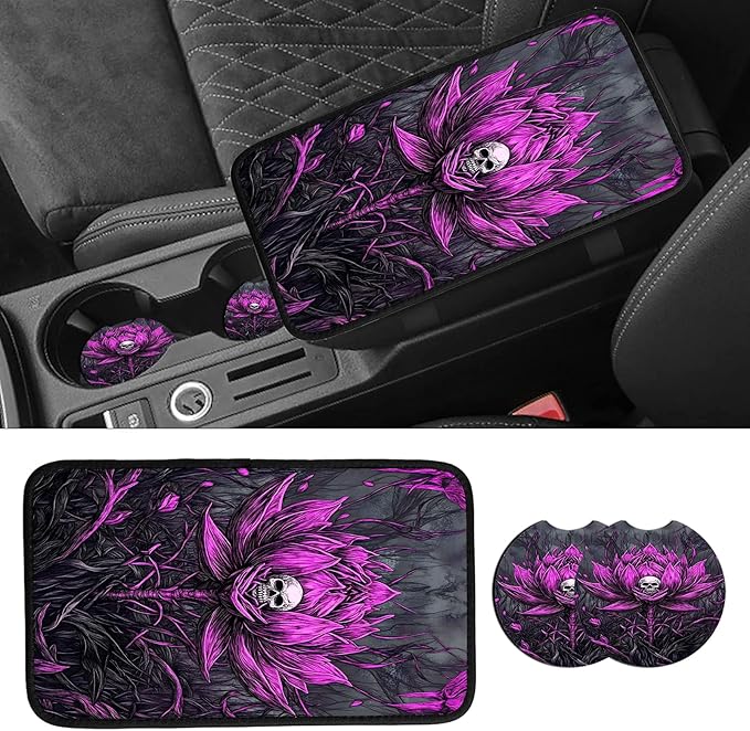 JANENFNA Car Armrest Cover Pads Universal Fashion Cute Auto Center Console Armrest Cover Pad with 2PCS Car Coasters Soft Waterproof Car Armrest Seat Protector for Women,Pink Flower Skull