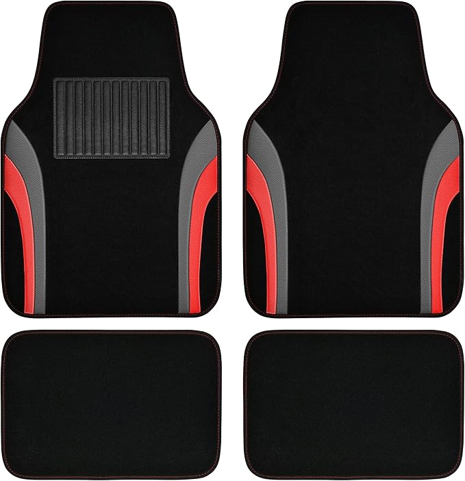 CAR PASS Leather Sporty Car Floor Mats Carpet, Universal Waterproof Automotive Floor Mat Fit for Sedans, Cars, Mid Trucks, Vans, SUV, Set of 4 (Black and Red)