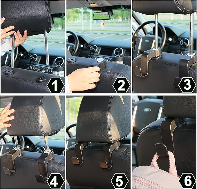 Amooca Car Seat Hooks Anti-Drop Headrest Storage Hanger Universal Fit Automotive Organizer for Purse Bag Coat Black 2 Pack