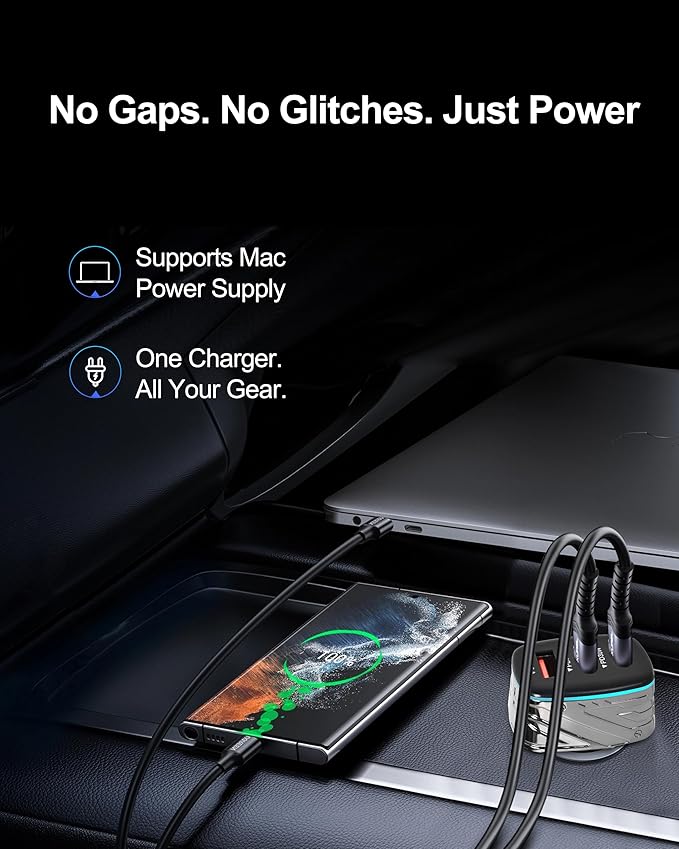 NOUOWA 82.5W USB C Car Charger, 3-Port (Dual Type-C Port & USB-A), Compact Fast Charging, Soft Blue Light, Cigarette Lighter Adapter for iPhone 16e/15/14, Galaxy S25/S24, Google Pixel, iPad & MacBook