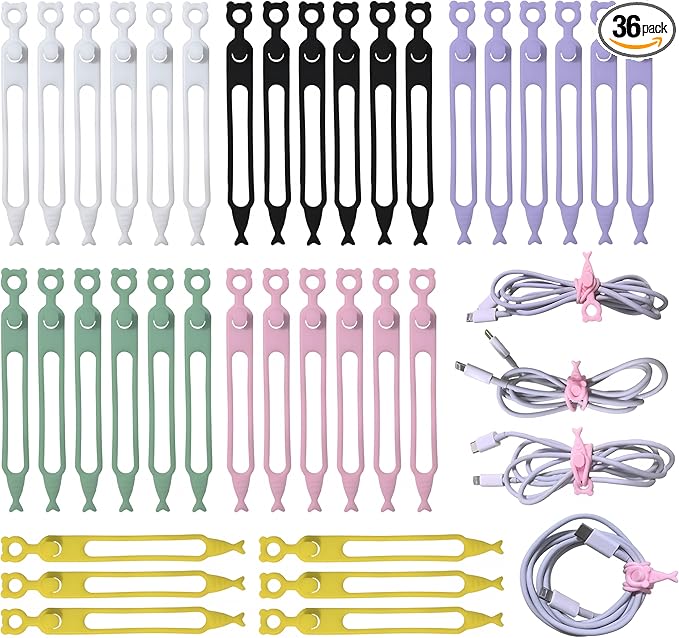 Cord Organizer,36PCS Silicone Cable Ties,Reusable Weatherproof Travel Cable Organizer,High Elasticity Wraps for Bundling Earphone,Phone Charger,Computer Cords,Wire Straps in Home,Office,Kitchen,School