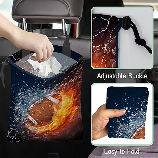 NHNXHWIA American Football Car Trash Bag,Fire and Water Hanging Drawstring Car Garbage Bag,Waterproof Canvas Car Back Seat Organizer with Adjustable Buckle,for Vehicles,SUVs,Camping,Road Trips
