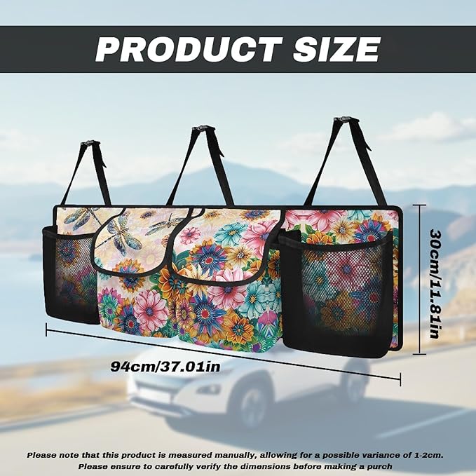 CLOHOMIN Dragonfly Car Trunk Organizer SUV Trunk Organizer Dahlia Car Backseat Storage Bag with 4 Pockets Hanging Backseat Organizer with Adjustable Straps Auto Accessories