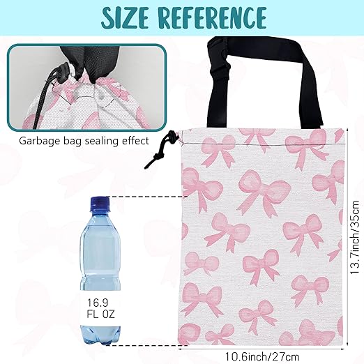 KXWQTRDD Car Trash Bag Pink Ribbon Bow Hanging Drawstring Car Organizer and Storage Bag with Adjustable Buckle Canvas Garbage Bin for Back Seat or Hanging Headrest Car Decor Road Trip Essentials