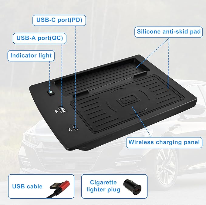 Fast Wireless Charger for Honda Accord 2018-2022, Car Wireless Charging Panel with USB-A USB-C Center Console Organizer for 2018 2019 2020 2021 2022 Honda Accord Accessories