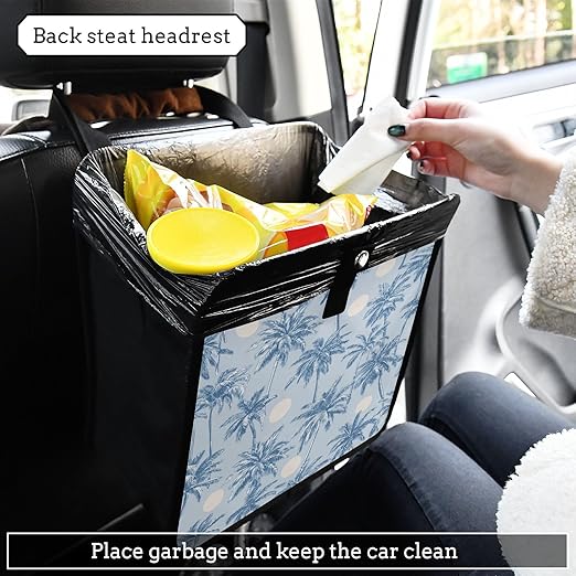 Car Trash Can Organizer Bin with Adjustable Strap for Back Front Seat Console Waterproof Leakproof Collapsible Portable 11 Inch Light Blue Palm Trees and Sun