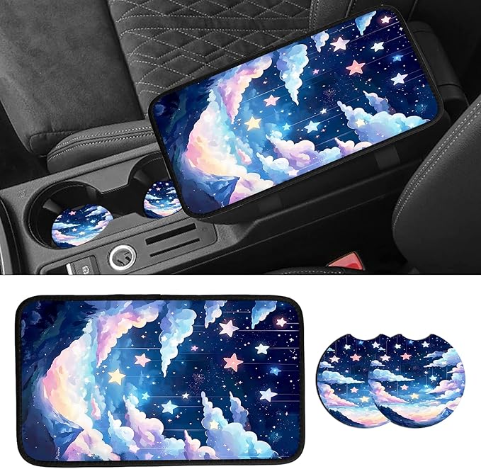 JANENFNA Car Armrest Cover Pads Universal Fashion Cute Auto Center Console Armrest Cover Pad with 2PCS Car Coasters Soft Waterproof Car Armrest Seat Protector for Women,Colorful Nebula