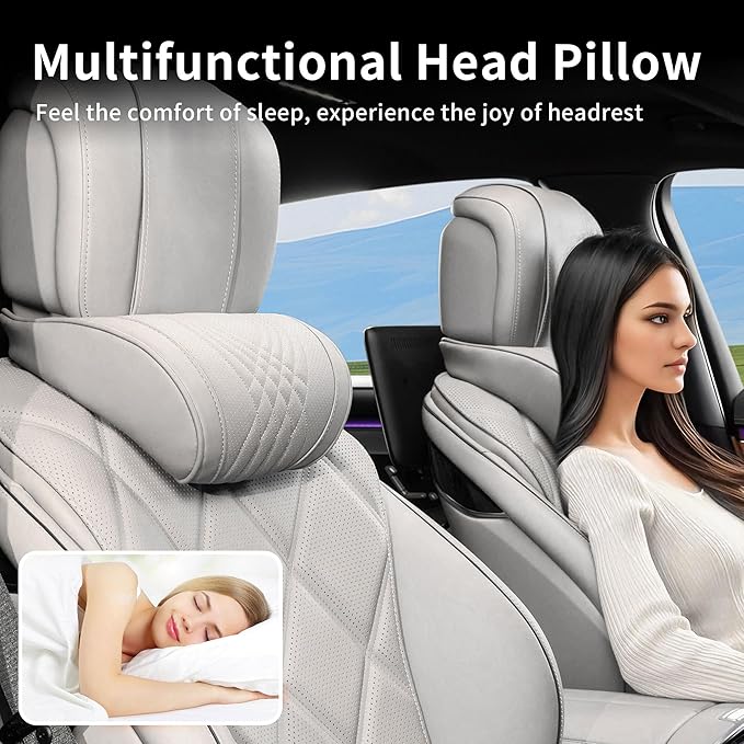 Dapucarin Car Headrest Memory Foam Neck Pillow for Driving with Leather Cover Soft Comfortable Seat Head Pillow Cushion for Most Cars SUV Sedan Home Office Off-White (Beige) (1PC)