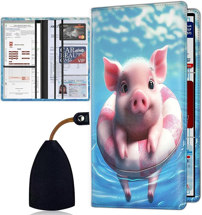 Car Registration Holder, Waterproof PU Leather Vehicle Card Document Glove Box Organizer, Women Interior Auto Accessories Case for Cards, Driver License Car Insurance Holder, Baby Pig Swimming