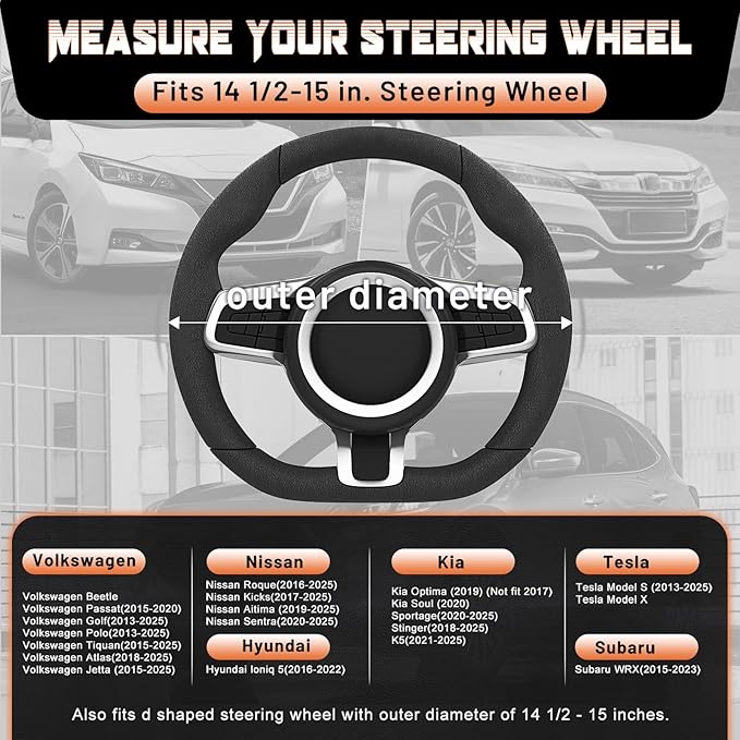 SEG Direct D Shaped Steering Wheel Cover for 14.5-15 inch Flat Bottom Wheels, Breathable Perforated Microfiber Leather, Anti-Slip Grip, Universal Fit for Cars & SUVs, Black and Orange