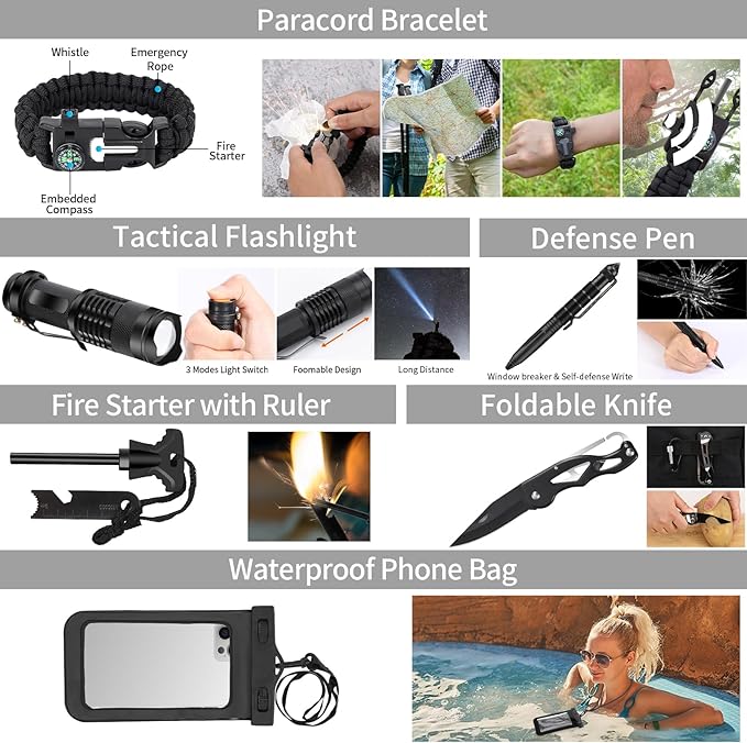 GPUSFAK Emergency Survival Kit and First Aid Kit, Camping First Aid Survival Kit with Molle Pouch for Preparedness Outdoor Adventure, Black