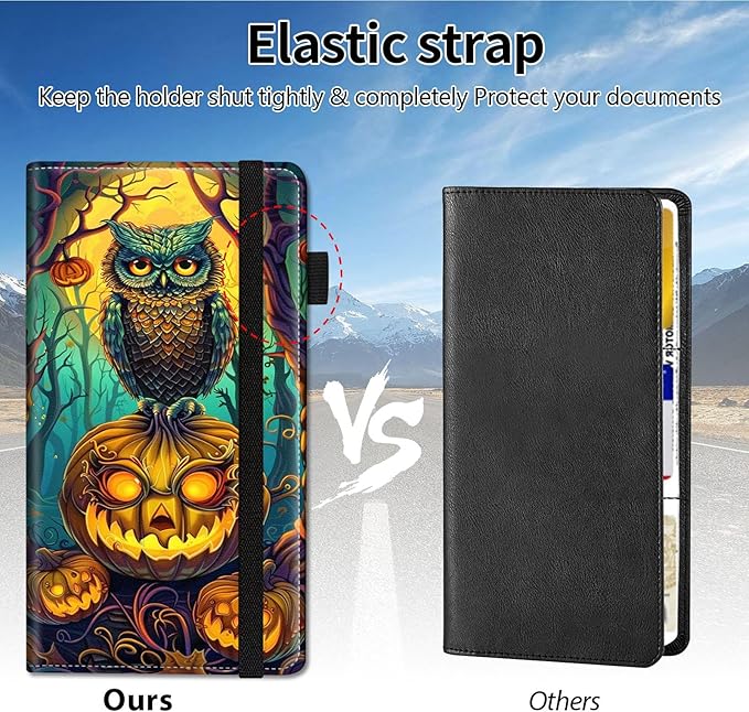 Qindaiwen Car Registration and Insurance Holder, Vehicle Card Document Elastic Band Closure Glove Box Organizer, Driver License Cards, Car Accessories for Essential Info, Owl Pumpkin