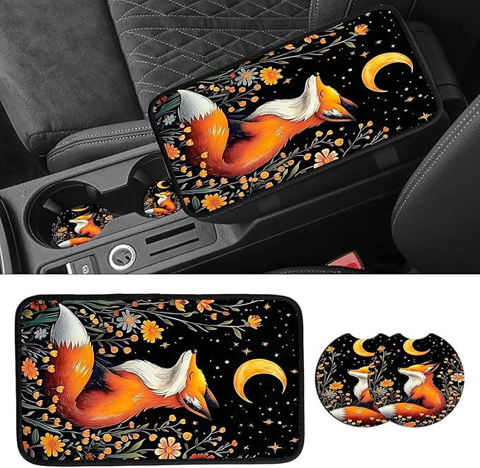 JANENFNA Car Armrest Cover Pads Universal Fashion Cute Auto Center Console Armrest Cover Pad with 2PCS Car Coasters Soft Waterproof Car Armrest Seat Protector for Women,Cute Fox Pattern