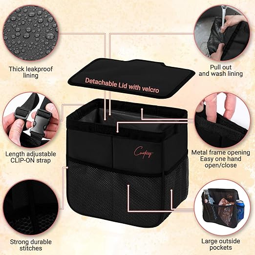 Creathing Car Trash Can Foldable, Waterproof | Organizer Bag or Garbage Can for Console/Seat (Medium, Black), 2 Gallons