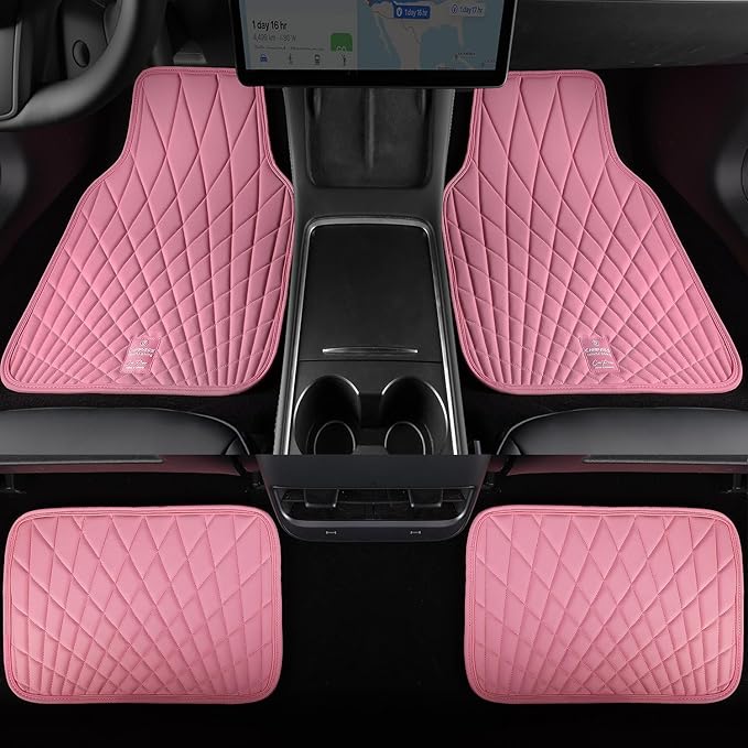 CAR PASS Luxury Faux Leather Floor Mats for Cars, Waterproof All Weather Car Mats Full Set, Anti-Slip Deluxe Automotive Floor Mats Universal Fit for Most SUV,Vans,Sedans,Trucks, 4 Piece Pink