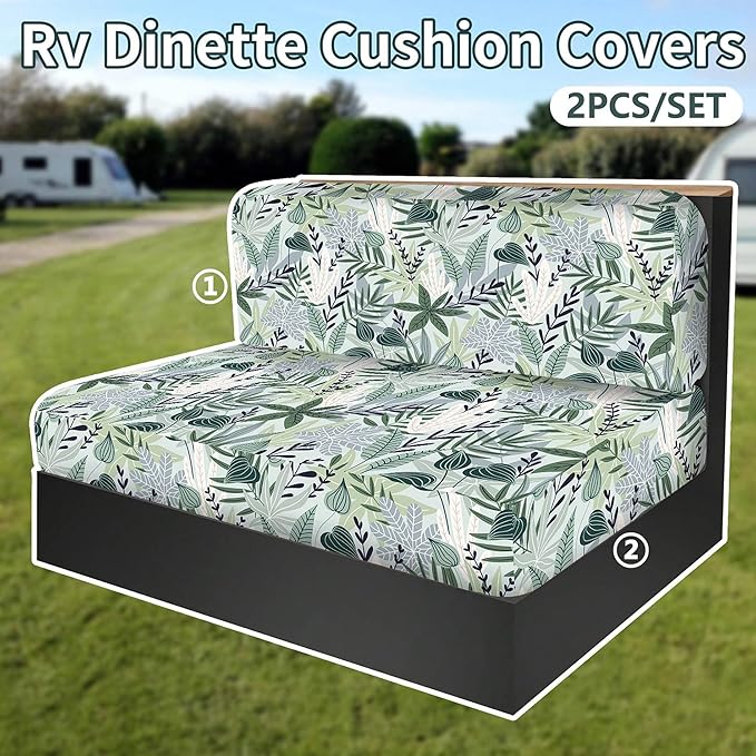 Stretch Rv Dinette Cushion Covers,2 Seat Rv Seat Covers with 1 Backrest & 1 Bench Covers,RV Cushion Couch Covers Dinette Both Seats for RV Camper (Plant 2, 2 Backrest & 2 Bench Covers)