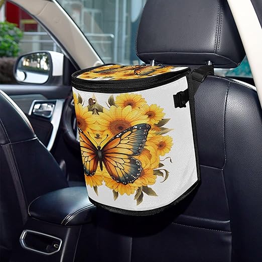 MNSRUU Car Trash Can with Lid, Butterfly Sunflower Car Trash Bag Hanging Organizers and Storage for Front Back Seat, Leak-Proof Trash Bin
