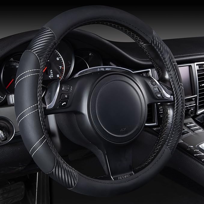 CAR PASS Line Rider Microfiber Leather Sporty 14.5-15 inch Steering Wheel Cover Universal Fits for 95% Truck,SUV,Cars, Anti-Slip Safety Comfortable Design (Black Carbon Fiber)