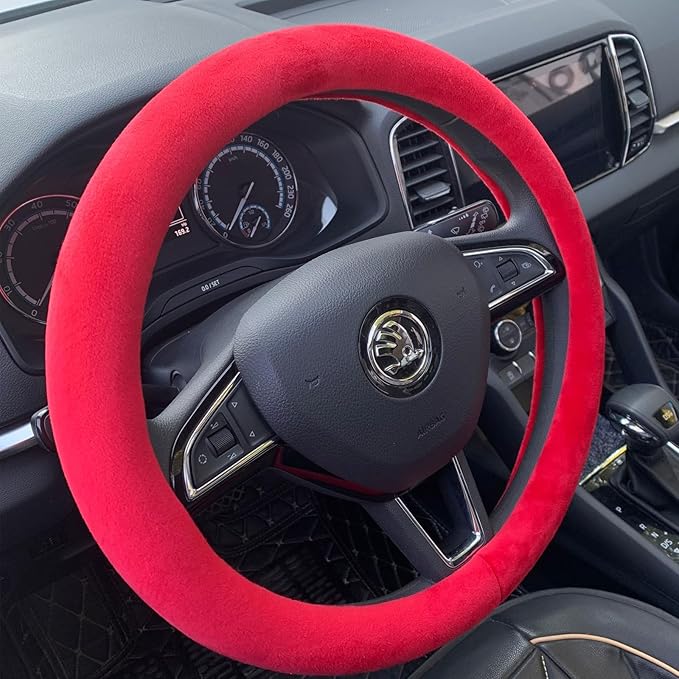 Fluffy Steering Wheel Cover, Short Plush Auto Accessories for Women with Inner Ring Universal 15 Inch (Red)