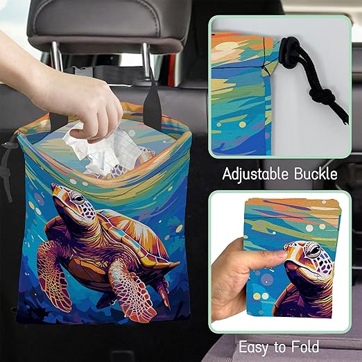 NHNXHWIA Pop Art Turtle Car Garbage Bag,Waterproof Small Car Trash Bag Hanging Back of Seat,Drawstring Hanging Car Trash Bag with Adjustable Buckle for Car Accessories